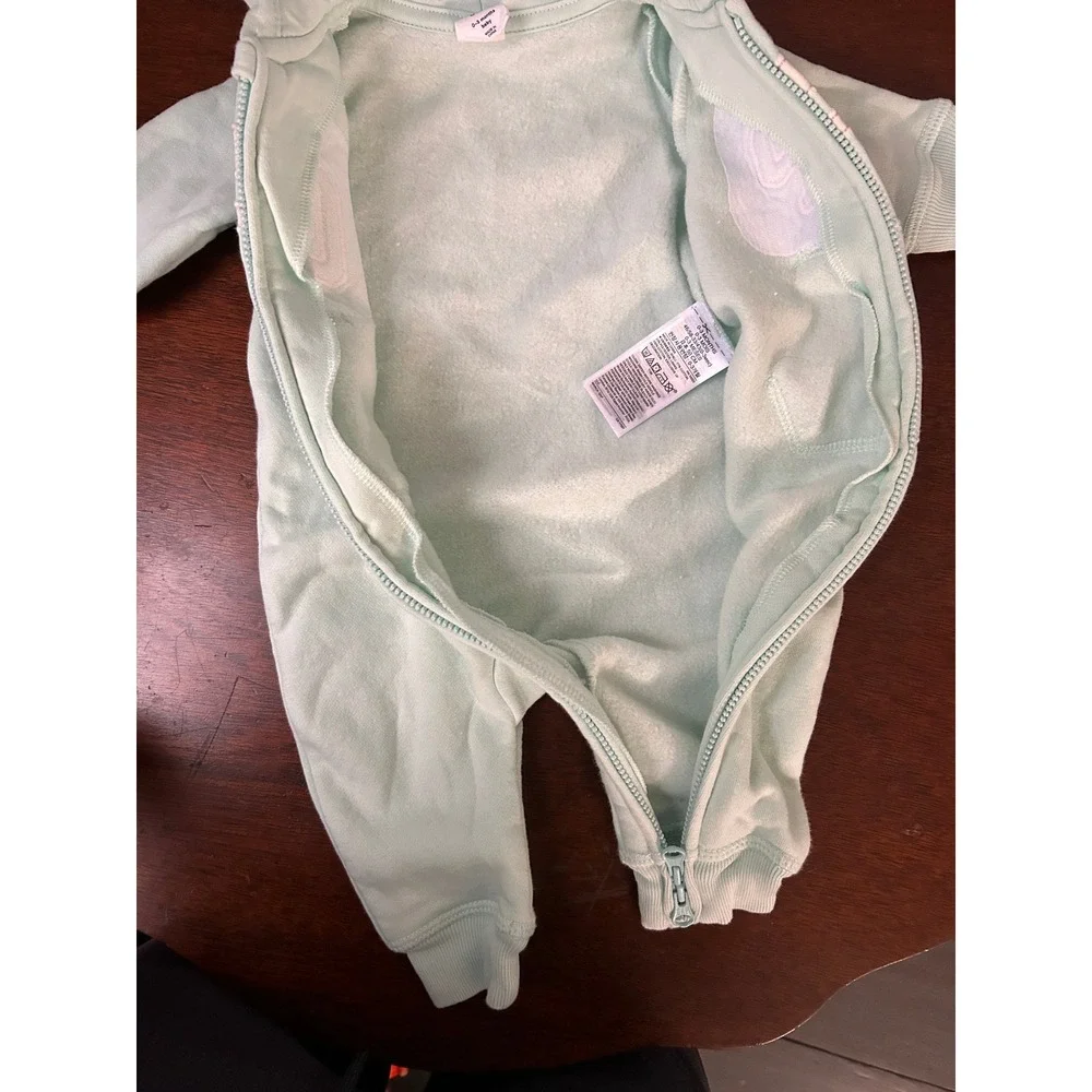 Gap Baby Mint Green Bear Ear Hooded Fleece Romper Zip Up 0-3 Months